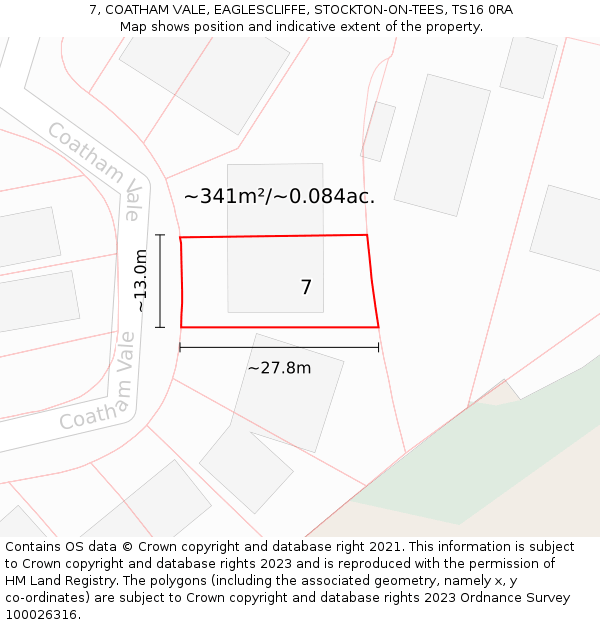 7, COATHAM VALE, EAGLESCLIFFE, STOCKTON-ON-TEES, TS16 0RA: Plot and title map