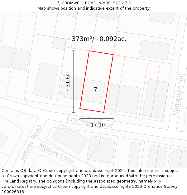 7, CROMWELL ROAD, WARE, SG12 7JS: Plot and title map