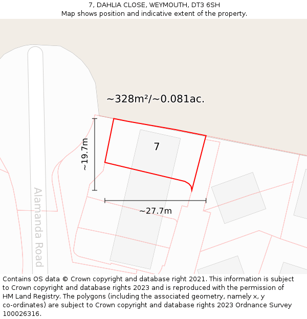 7, DAHLIA CLOSE, WEYMOUTH, DT3 6SH: Plot and title map