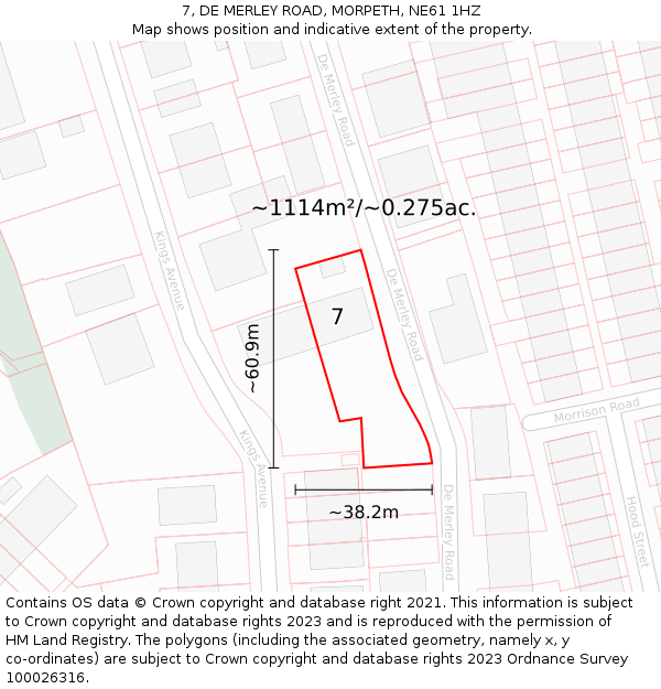 7, DE MERLEY ROAD, MORPETH, NE61 1HZ: Plot and title map