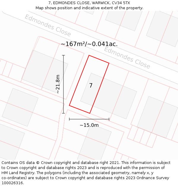 7, EDMONDES CLOSE, WARWICK, CV34 5TX: Plot and title map