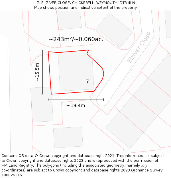 7, ELZIVER CLOSE, CHICKERELL, WEYMOUTH, DT3 4LN: Plot and title map