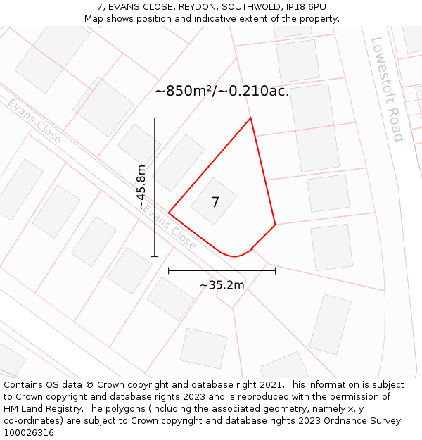 7, EVANS CLOSE, REYDON, SOUTHWOLD, IP18 6PU: Plot and title map