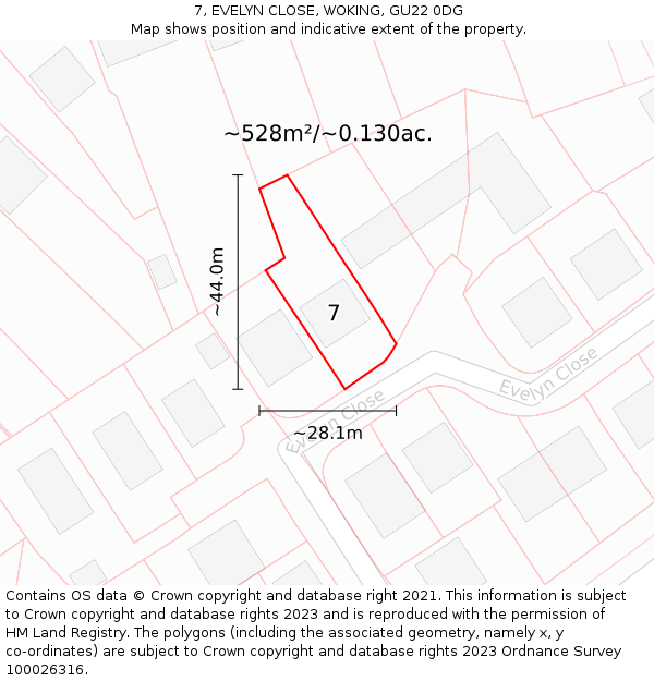 7, EVELYN CLOSE, WOKING, GU22 0DG: Plot and title map