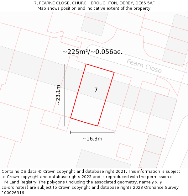 7, FEARNE CLOSE, CHURCH BROUGHTON, DERBY, DE65 5AF: Plot and title map