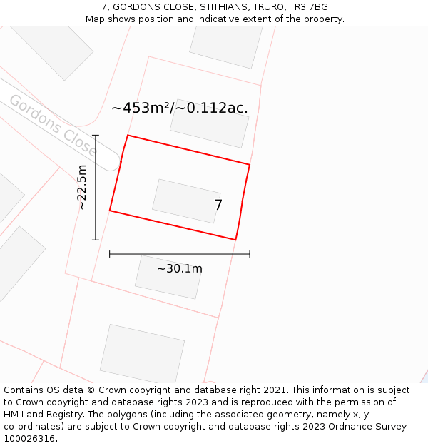 7, GORDONS CLOSE, STITHIANS, TRURO, TR3 7BG: Plot and title map