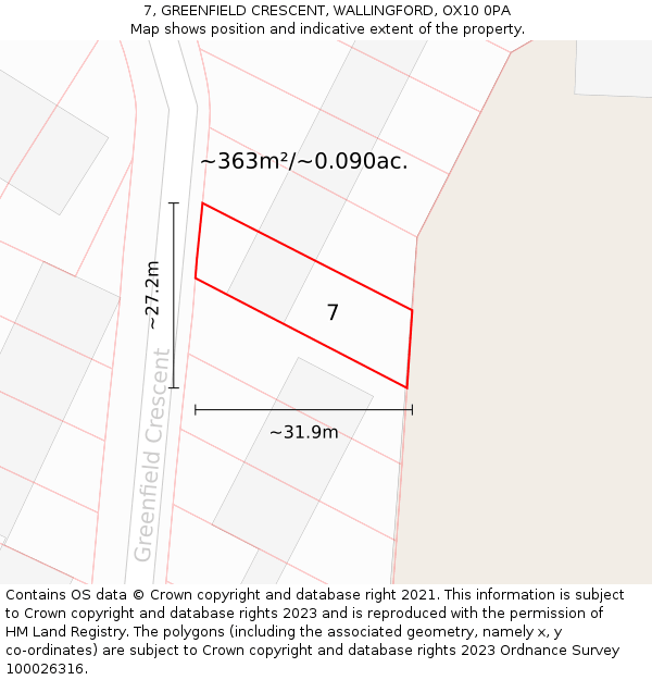 7, GREENFIELD CRESCENT, WALLINGFORD, OX10 0PA: Plot and title map