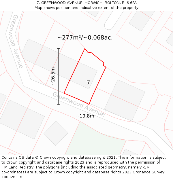 7, GREENWOOD AVENUE, HORWICH, BOLTON, BL6 6FA: Plot and title map