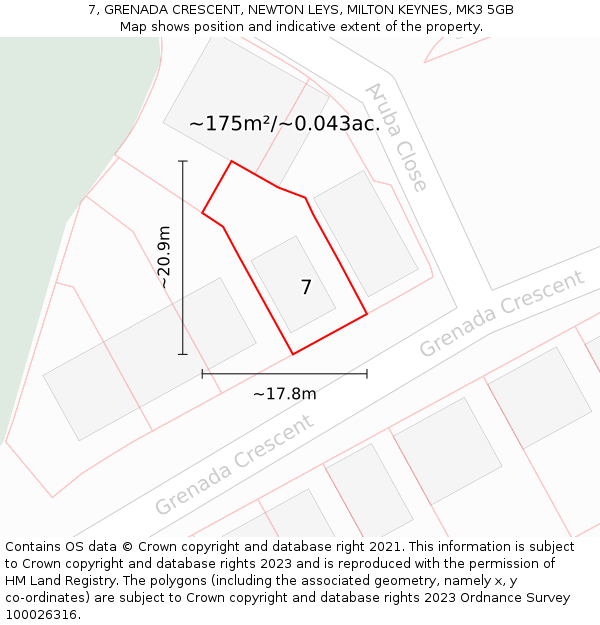 7, GRENADA CRESCENT, NEWTON LEYS, MILTON KEYNES, MK3 5GB: Plot and title map