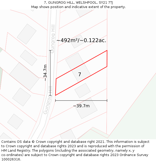 7, GUNGROG HILL, WELSHPOOL, SY21 7TJ: Plot and title map