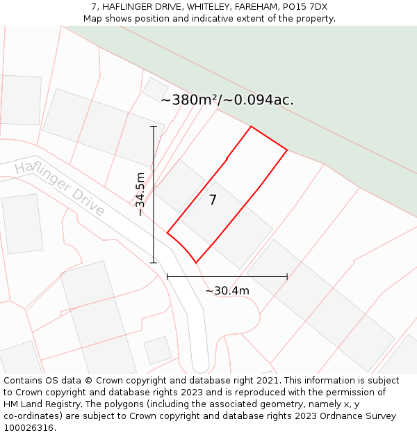 7, HAFLINGER DRIVE, WHITELEY, FAREHAM, PO15 7DX: Plot and title map