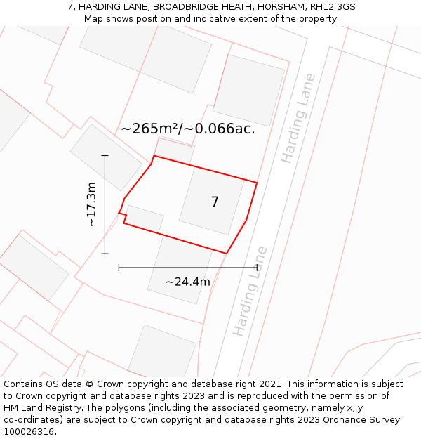 7, HARDING LANE, BROADBRIDGE HEATH, HORSHAM, RH12 3GS: Plot and title map