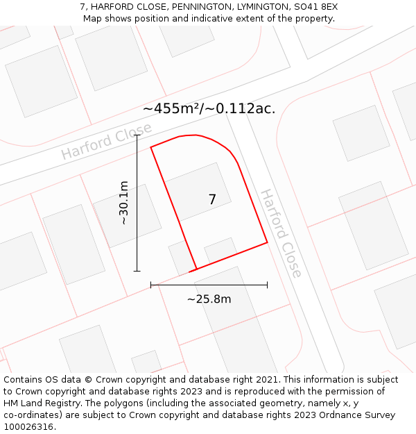 7, HARFORD CLOSE, PENNINGTON, LYMINGTON, SO41 8EX: Plot and title map