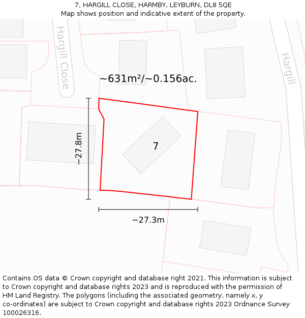 7, HARGILL CLOSE, HARMBY, LEYBURN, DL8 5QE: Plot and title map