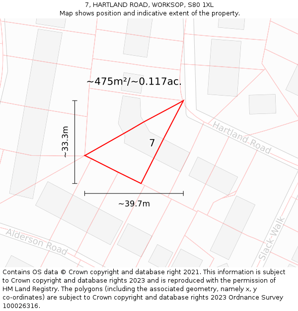 7, HARTLAND ROAD, WORKSOP, S80 1XL: Plot and title map