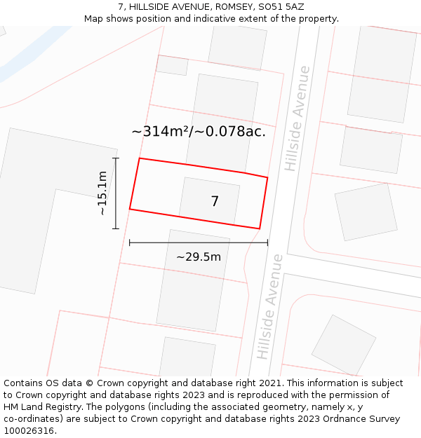 7, HILLSIDE AVENUE, ROMSEY, SO51 5AZ: Plot and title map