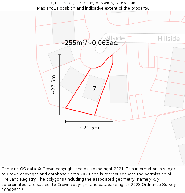 7, HILLSIDE, LESBURY, ALNWICK, NE66 3NR: Plot and title map