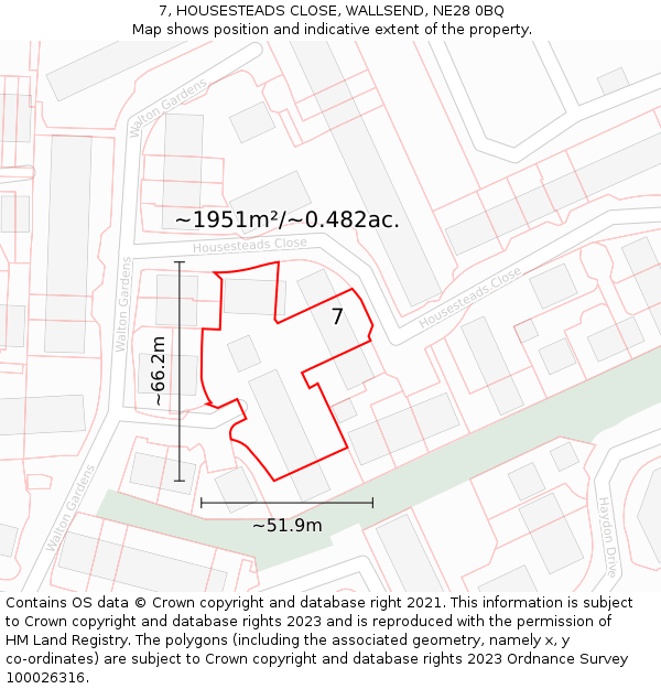 7, HOUSESTEADS CLOSE, WALLSEND, NE28 0BQ: Plot and title map