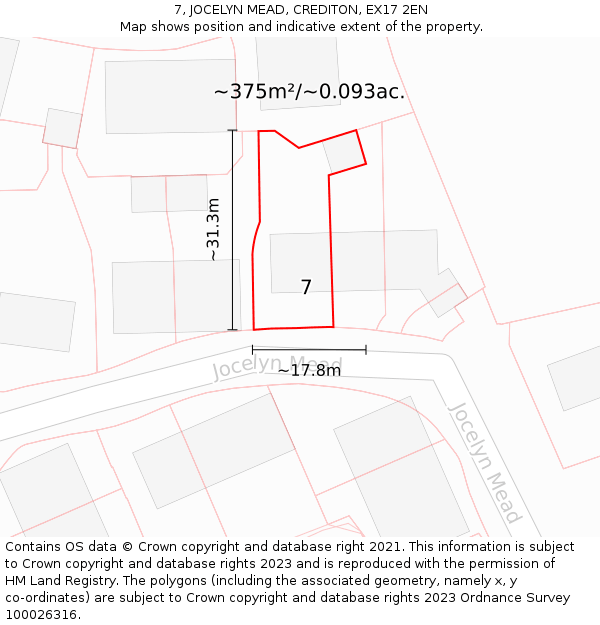 7, JOCELYN MEAD, CREDITON, EX17 2EN: Plot and title map