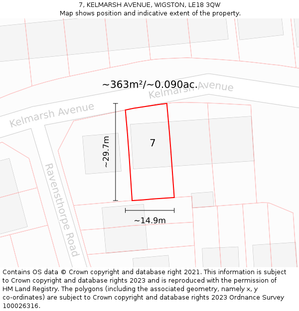 7, KELMARSH AVENUE, WIGSTON, LE18 3QW: Plot and title map