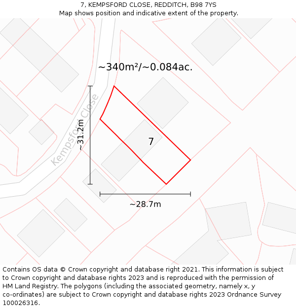 7, KEMPSFORD CLOSE, REDDITCH, B98 7YS: Plot and title map