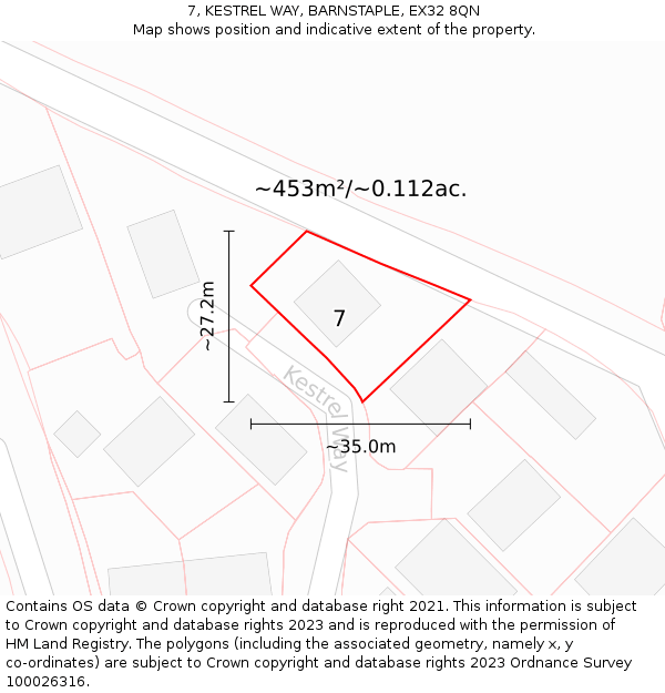 7, KESTREL WAY, BARNSTAPLE, EX32 8QN: Plot and title map