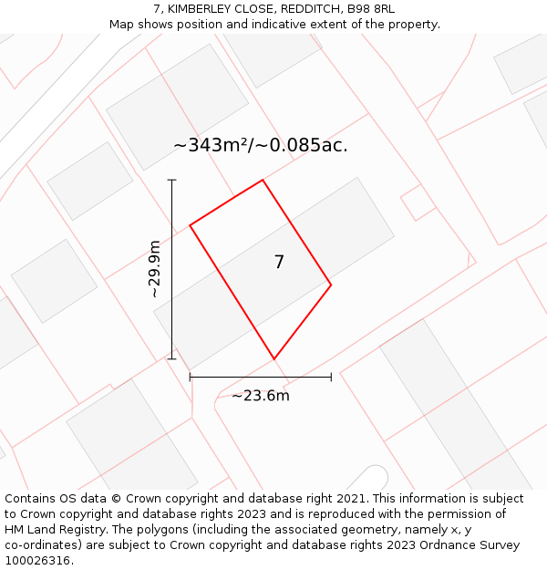 7, KIMBERLEY CLOSE, REDDITCH, B98 8RL: Plot and title map