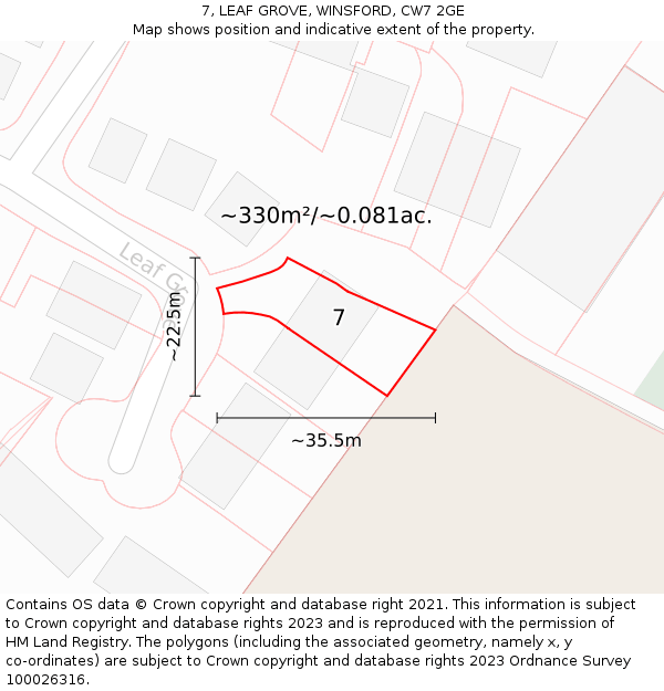 7, LEAF GROVE, WINSFORD, CW7 2GE: Plot and title map