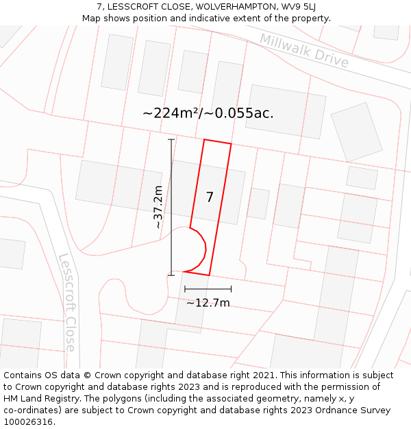 7, LESSCROFT CLOSE, WOLVERHAMPTON, WV9 5LJ: Plot and title map