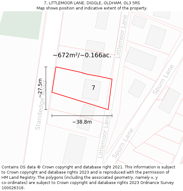 7, LITTLEMOOR LANE, DIGGLE, OLDHAM, OL3 5RS: Plot and title map