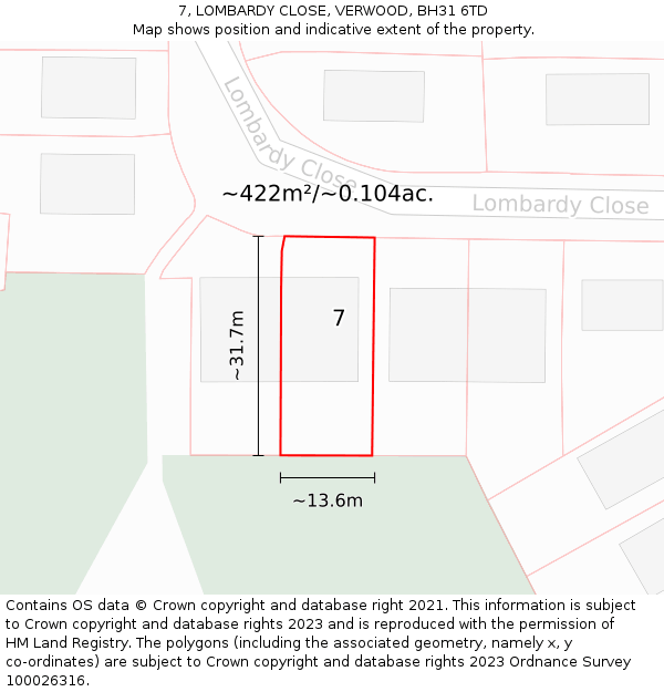 7, LOMBARDY CLOSE, VERWOOD, BH31 6TD: Plot and title map