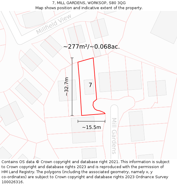 7, MILL GARDENS, WORKSOP, S80 3QG: Plot and title map