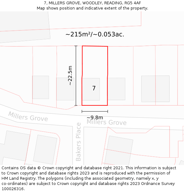 7, MILLERS GROVE, WOODLEY, READING, RG5 4AF: Plot and title map