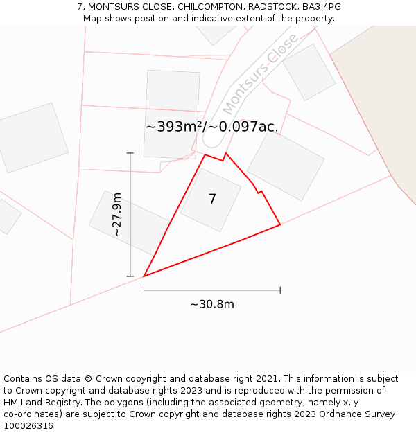 7, MONTSURS CLOSE, CHILCOMPTON, RADSTOCK, BA3 4PG: Plot and title map