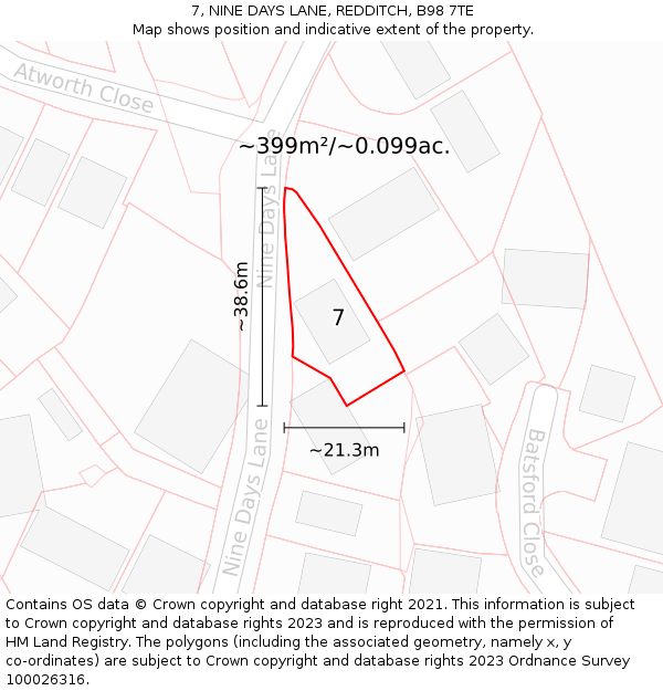 7, NINE DAYS LANE, REDDITCH, B98 7TE: Plot and title map