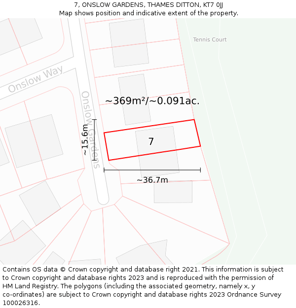 7, ONSLOW GARDENS, THAMES DITTON, KT7 0JJ: Plot and title map