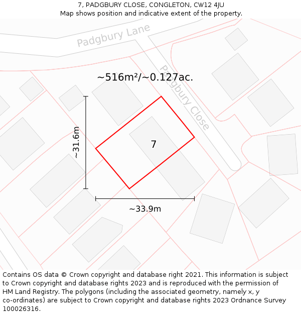 7, PADGBURY CLOSE, CONGLETON, CW12 4JU: Plot and title map