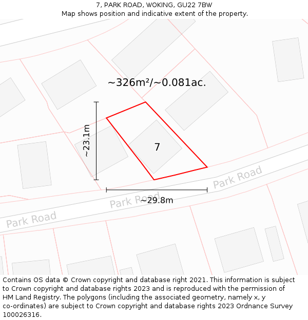 7, PARK ROAD, WOKING, GU22 7BW: Plot and title map