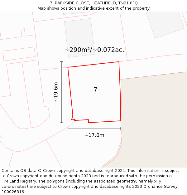 7, PARKSIDE CLOSE, HEATHFIELD, TN21 8FQ: Plot and title map