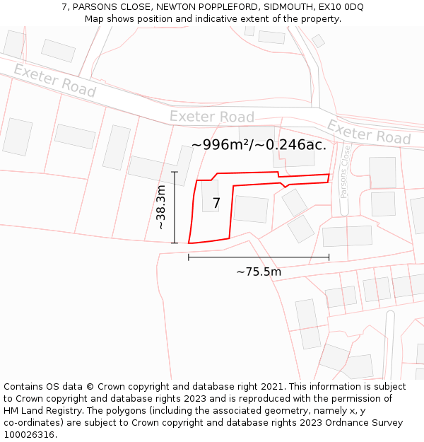 7, PARSONS CLOSE, NEWTON POPPLEFORD, SIDMOUTH, EX10 0DQ: Plot and title map