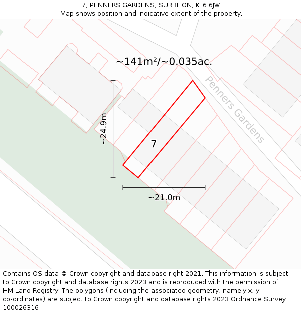 7, PENNERS GARDENS, SURBITON, KT6 6JW: Plot and title map