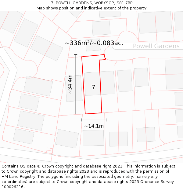 7, POWELL GARDENS, WORKSOP, S81 7RP: Plot and title map