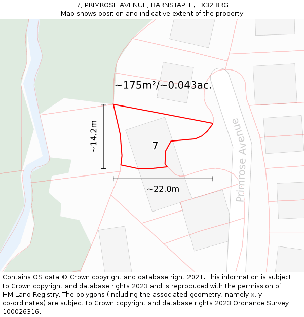 7, PRIMROSE AVENUE, BARNSTAPLE, EX32 8RG: Plot and title map