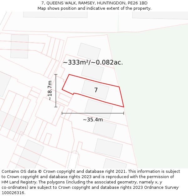 7, QUEENS WALK, RAMSEY, HUNTINGDON, PE26 1BD: Plot and title map