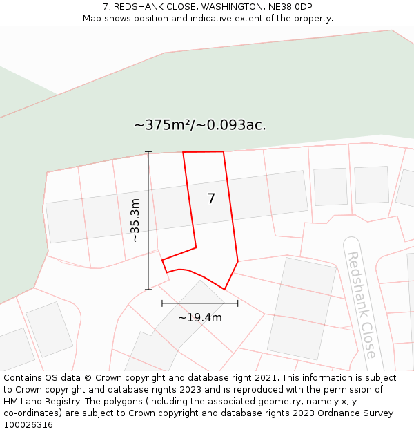 7, REDSHANK CLOSE, WASHINGTON, NE38 0DP: Plot and title map