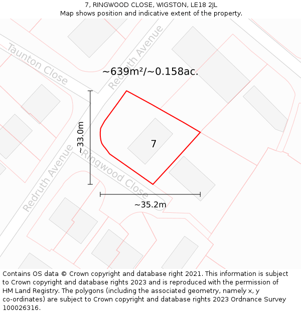 7, RINGWOOD CLOSE, WIGSTON, LE18 2JL: Plot and title map