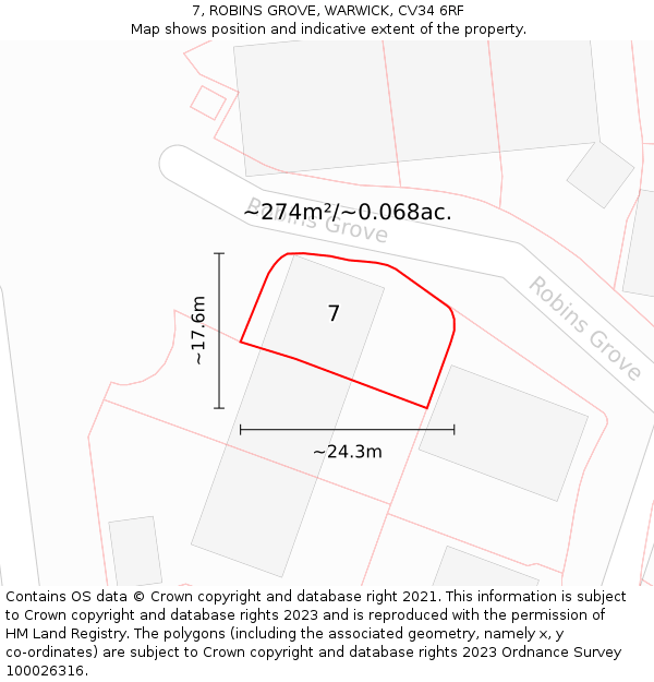 7, ROBINS GROVE, WARWICK, CV34 6RF: Plot and title map