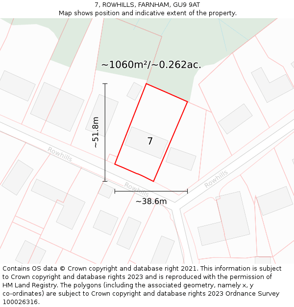 7, ROWHILLS, FARNHAM, GU9 9AT: Plot and title map