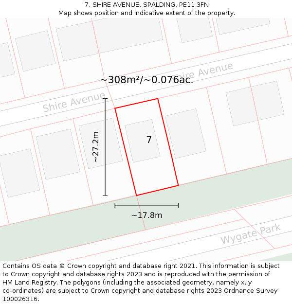 7, SHIRE AVENUE, SPALDING, PE11 3FN: Plot and title map