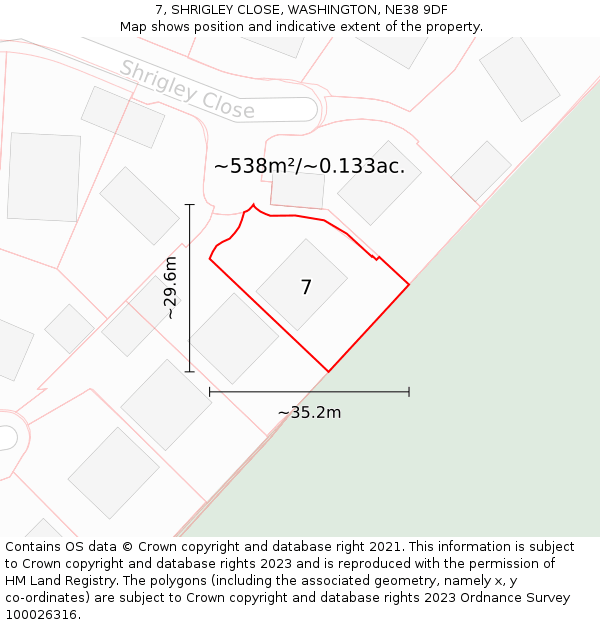 7, SHRIGLEY CLOSE, WASHINGTON, NE38 9DF: Plot and title map